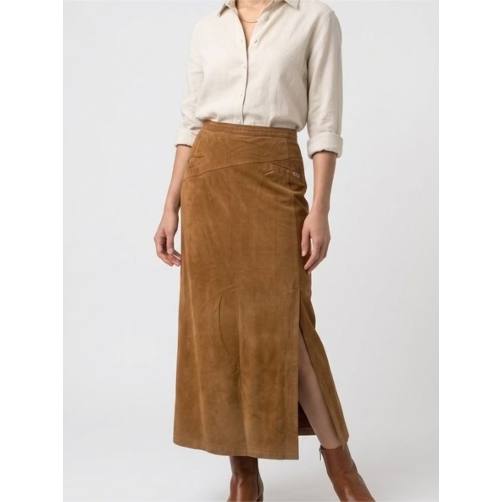 Point Zero Nicole Benisti Brown Suede Maxi Skirt Side Slit Western Boho Camel